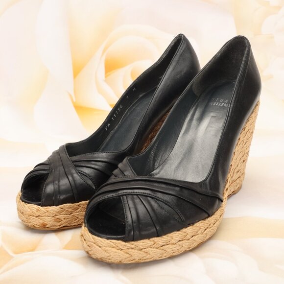 Stuart Weitzman Peep Toe Espadrille Wedge Heels Shoes 7M Black Leather - Picture 1 of 10
